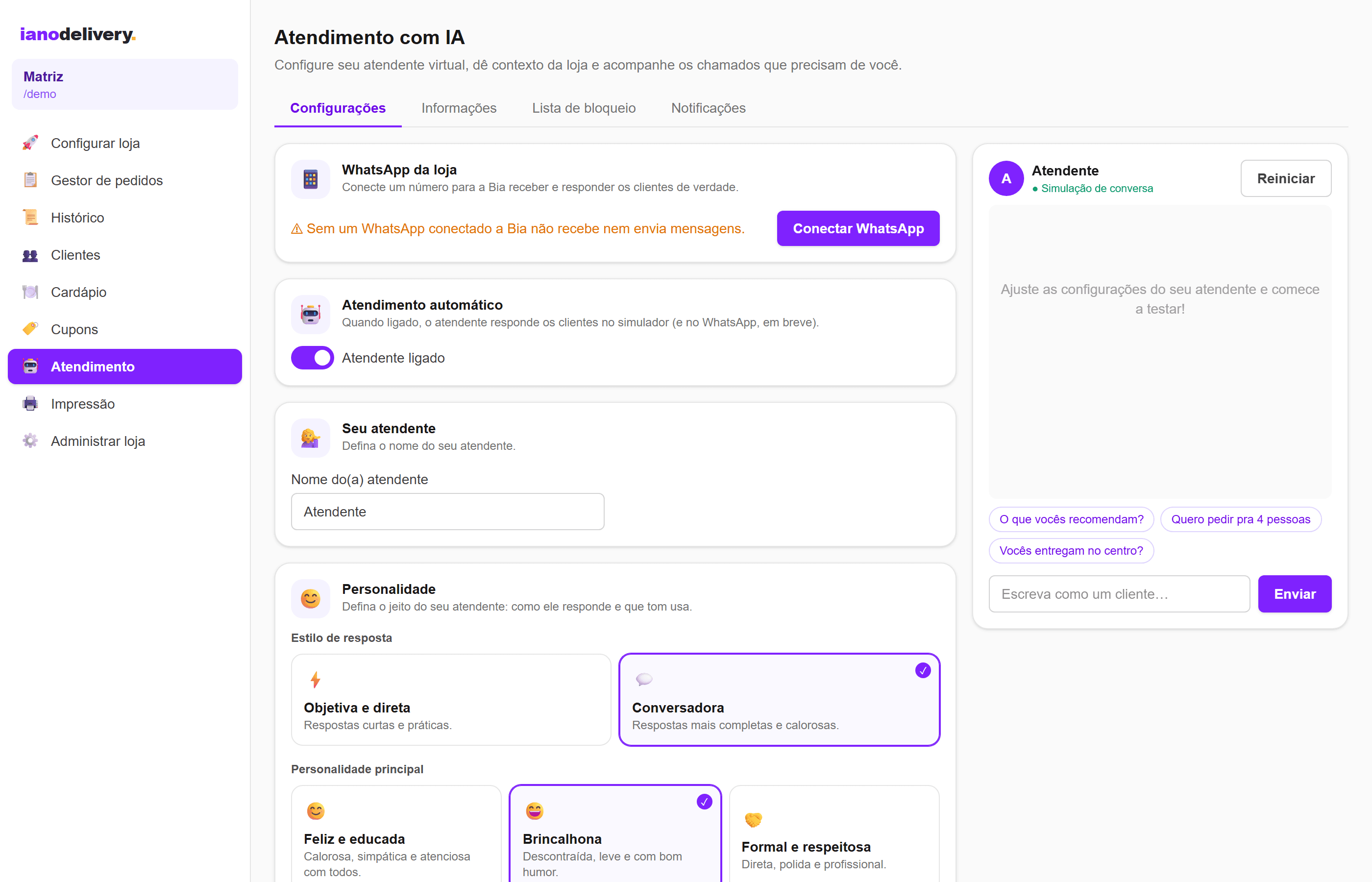 Painel de atendimento com IA do ianodelivery