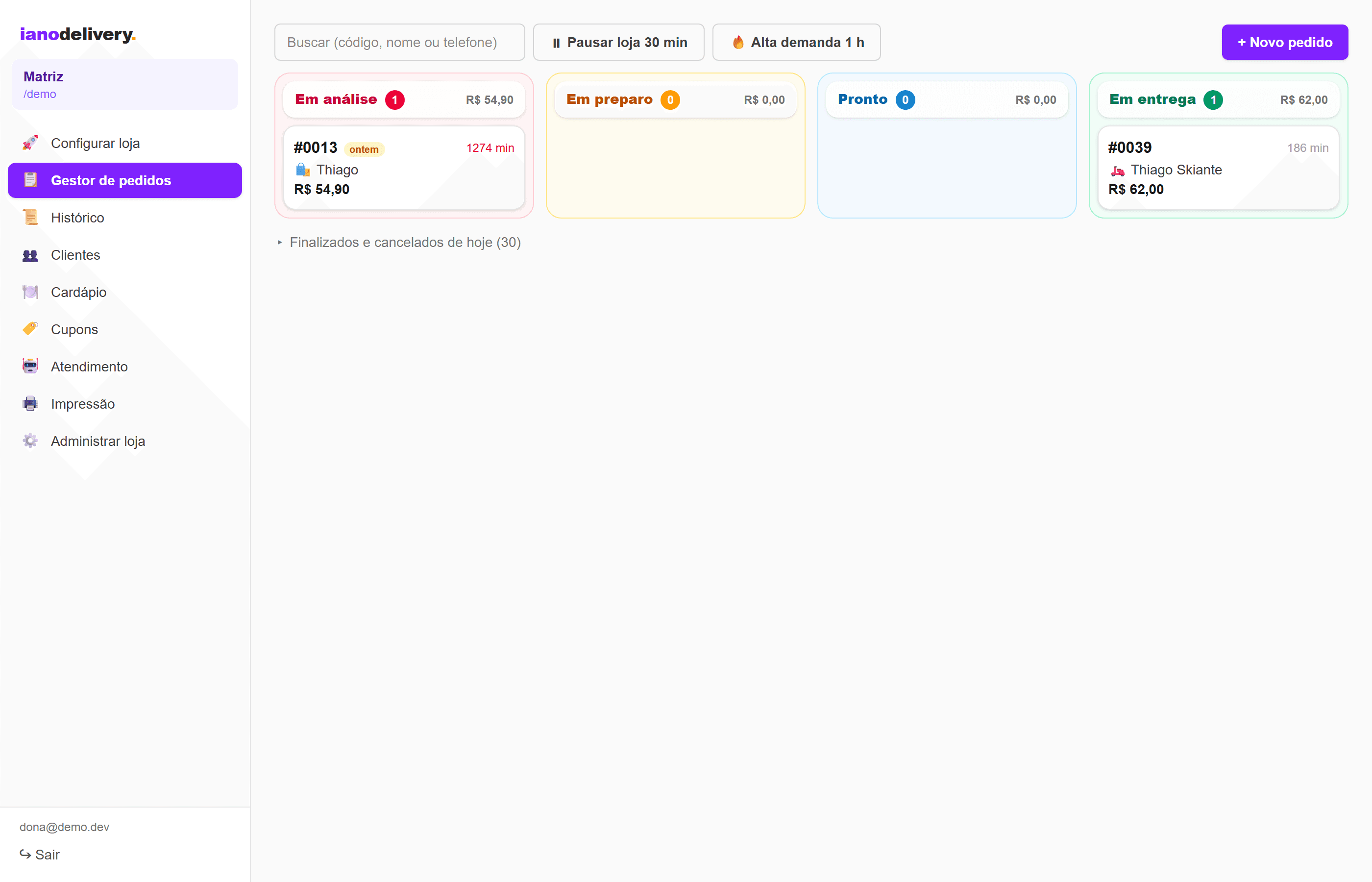 Kanban de pedidos do ianodelivery
